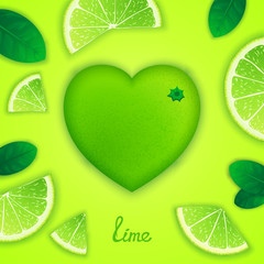 Photorealistic surround lime in the form of heart with slices around. Fruity creative design