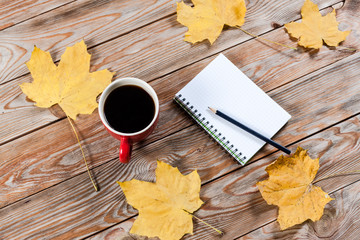 Coffee cup, notebook and autumn leaves