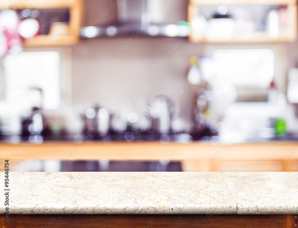 Aufkleber empty marble table top and blurred kitchen bokeh light in backgr