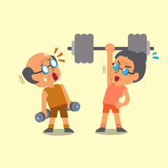 Cartoon old man and old woman doing weight training