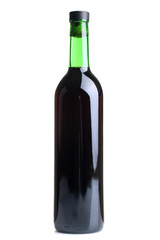 grape wine in a glass bottle closed by a cork isolated on white background