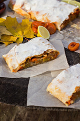 Strudel with apples, pumpkin, apricots, lemon. Autumn table decoration