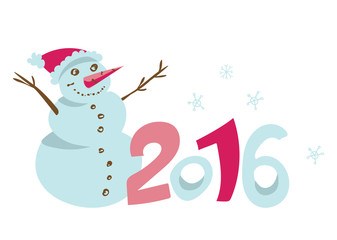 Happy New 2016 year poster template. Stylish greeting card background. Pink and blue decorative holiday backdrop. New Years invitation with happy snowman.  Christmas design