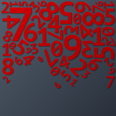 Abstract red random falling digits with shadows on dark gray background pattern