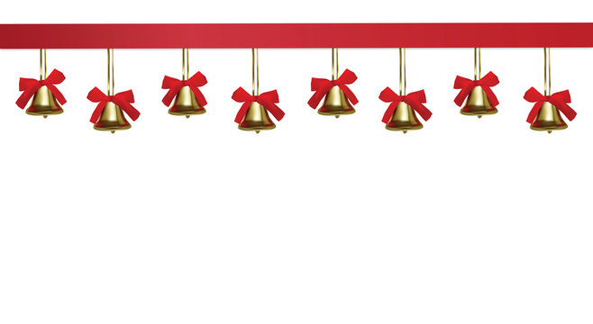 
Golden Christmas Bells Hanging Under A Red Satin Tape, Frame, Isolated On White Background, Vector Eps10 Illustration