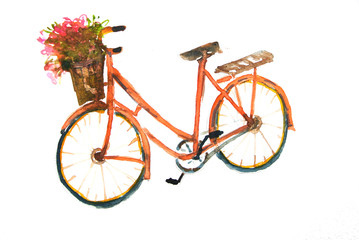 Fototapeta na wymiar Red vintage bicycle and flowers in basket, watercolor painting