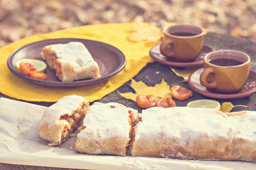 Strudel with apples, pumpkin, apricots, lemon. Autumn table decoration