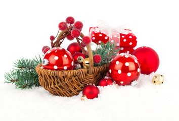 Christmas balls and fir branches with decorations isolated over
