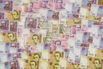 different ukrainian banknotes background close-up