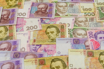 different ukrainian banknotes background close-up