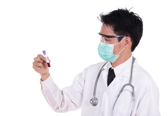 doctor in mask research a medical test glass with blood