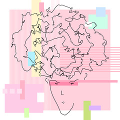 Young Man's Face with Hair in the Form of Chaotic Lines on an Abstract Geometric Pink Background, Drawing by Hand, Vector Illustration