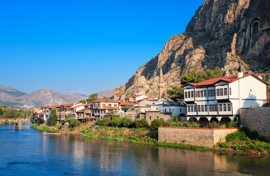 Well preserved old ottoman architecture and Pontus kings tombs in Amasya, Turkey