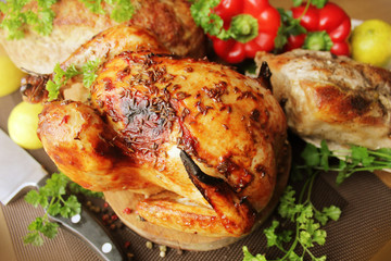 Roasted whole chicken, fillet, meatloaf 