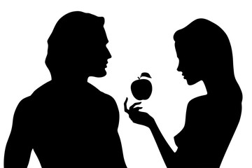 Vector silhouette of beautiful man and woman in profile. Adam and Eve and the forbidden fruit - obrazy, fototapety, plakaty