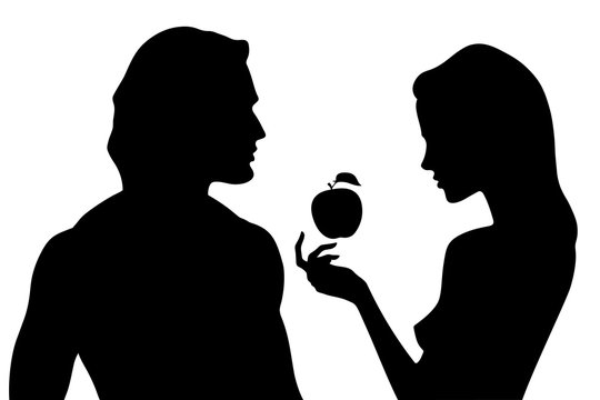 Vector silhouette of beautiful man and woman in profile. Adam and Eve and the forbidden fruit