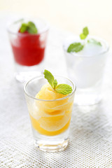 Colorful mix fruit sorbet in shot glass