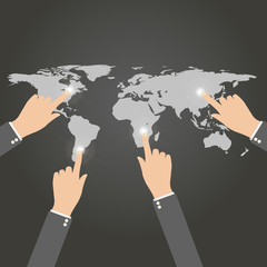 hand show the point on the world map. business project