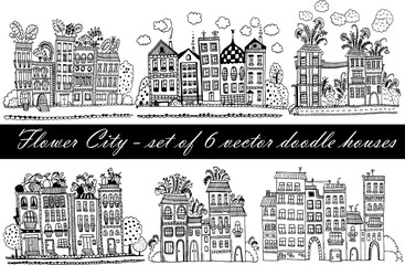 Flower City - a set of 6 vector illustrations with funny fantasy houses in the style of doodle cartoon
