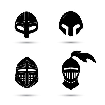 Vector set of monochrome  knight helmets isolated