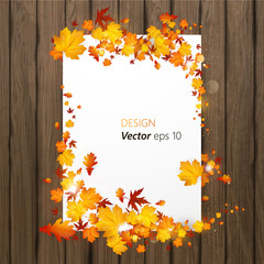 White blank on autumn background with maple leaves on wooden board. Vector