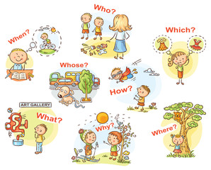 Question words in cartoon pictures, visual aid for language learning