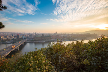 Aerial view of sunset in Prague, Czech republic