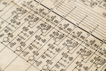 Electronic scheme diagram of retro television. Makro.