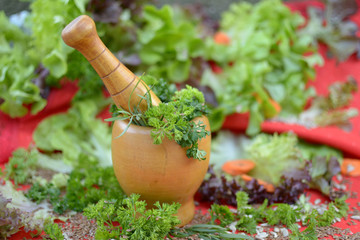 parsley in a mortar and pestle with salad flax seeds and sunflowers and shards carrot on a red...