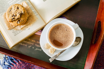 Autumn lifestyle - hot chocolate cookies, blanket book