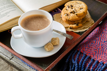 Autumn lifestyle - hot chocolate cookies, blanket book