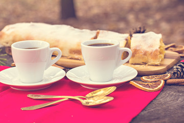 .Strudel with custard and orange. Christmas Stollen. Christmas table decoration.