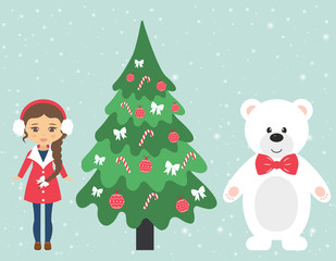 winter bear and winter girl and fir-tree