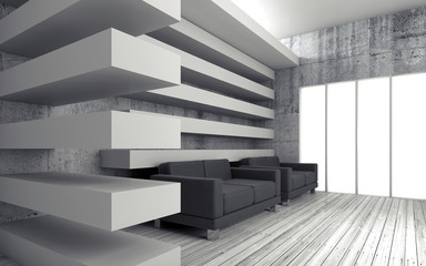 White interior with  black leather sofas, 3d