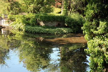 Old park with pond by spring