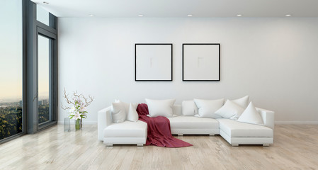 Red Throw on White Sofa in Modern Living Room - obrazy, fototapety, plakaty