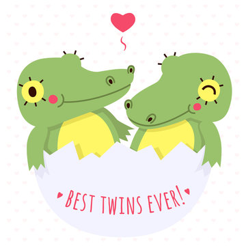 Cute twins baby crocodile in egg vector card and background with heart