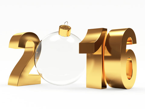 2016 New Year concept. Golden 2016 year and transparent christmas ball isolated on white background