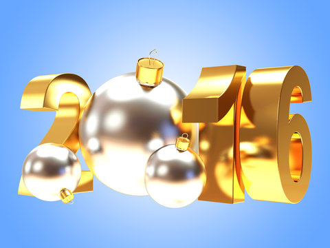 Golden 2016 with silver christmas balls on blue background