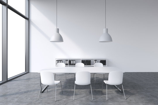 A conference room in a modern panoramic office with white copy space in windows. White table, white chairs, two white ceiling lights and a bookcase. 3D rendering.