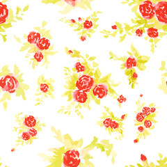 Seamless floral pattern with of red roses on white background. Watercolor hand dawn art.