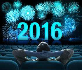 2016 new year fireworks on big cinema screen 