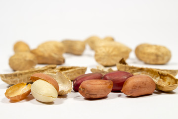 Peanut grains in front of empty shells and other nuts. On white background
