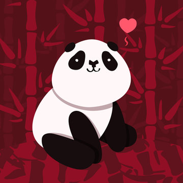 Vector card and background with cartoon cute panda and dark red bamboo and heart