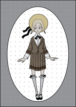 Modest girl in school uniform and straw hat standing and smiling