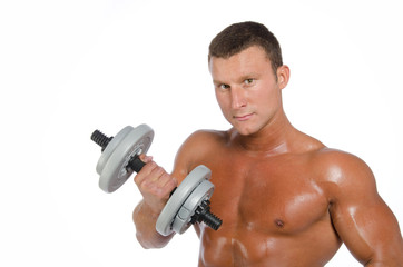 A man in a new fitness club. White background. 