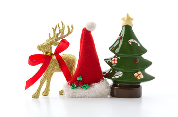 golden reindeer with christmas tree and hat