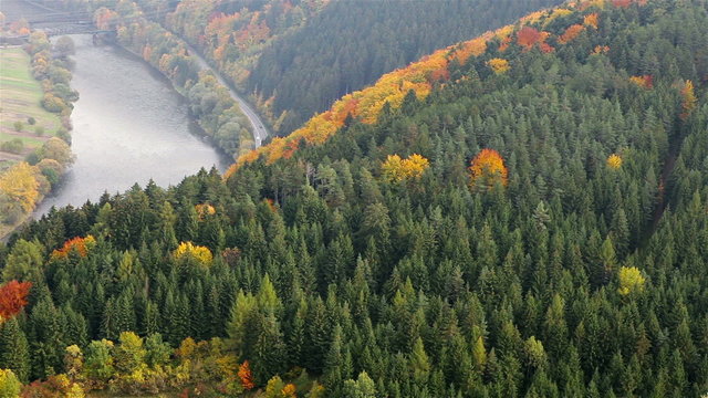 Tatra mountain forest top view with highway and train bridge near Strecno,Slovak