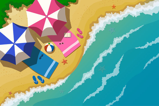 Vector illustration. Top view of the sea beach and the sea with the waves. On the beach under beach towels 
