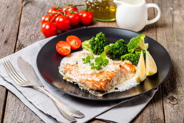 Grilled Salmon Steak with Cream sauce